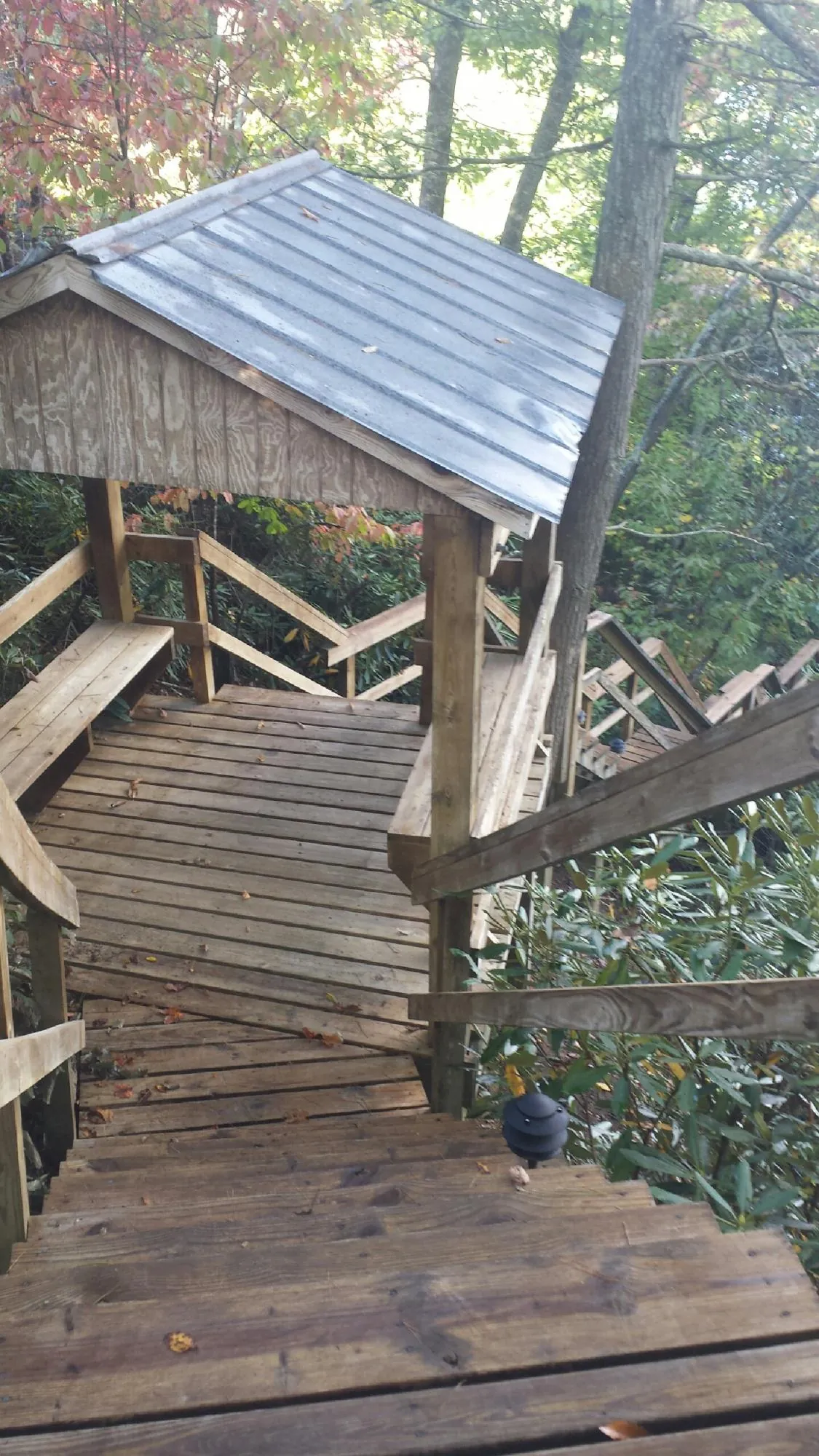 Metal roofed shelter over wooden steps on a wooded walkway — Skylight Repair & Installation work by our crew in Clear Lake